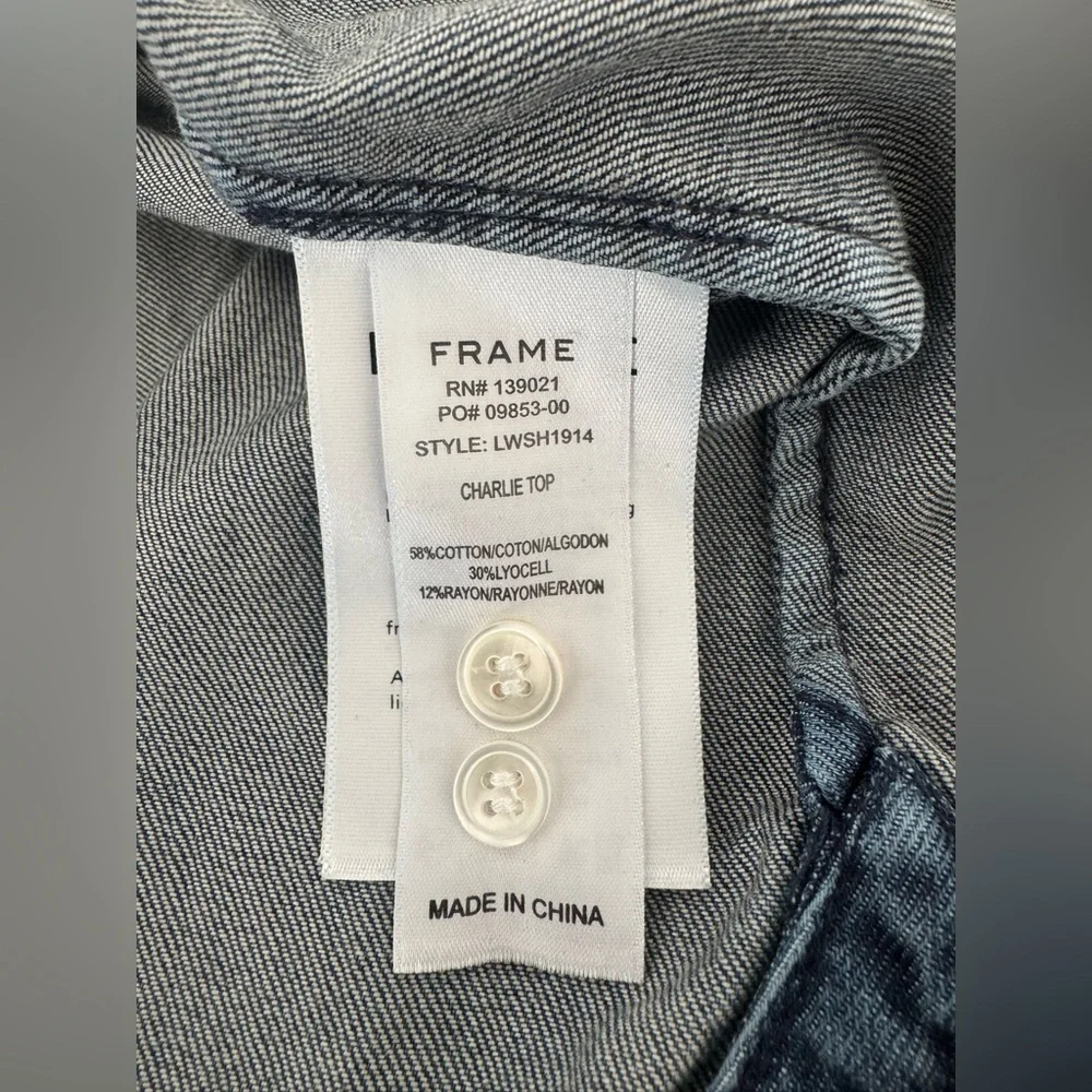Revolve Frame Charlie Button Up Denim Top Pleated Puff Sleeves Western Sz Large - Picture 8 of 9